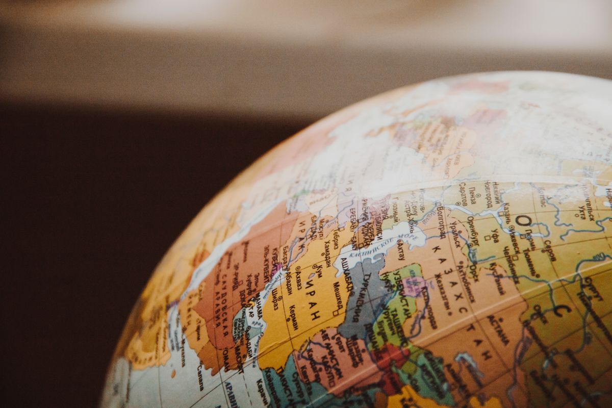 Close-up of a world globe showing Europe and Asia